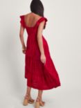 Monsoon Lucy Broderie Anglaise Tiered Cotton Midi Dress, Red, Red