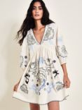 Monsoon Hallie Embroidered Cotton Mini Dress, Ivory/Multi