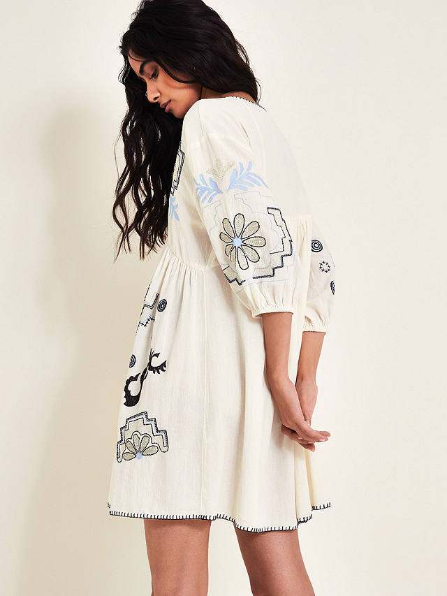 Monsoon Hallie Embroidered Cotton Mini Dress, Ivory/Multi