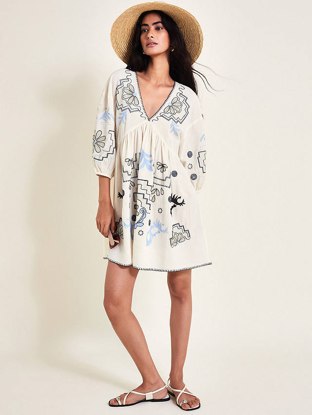Monsoon Hallie Embroidered Cotton Mini Dress, Ivory/Multi
