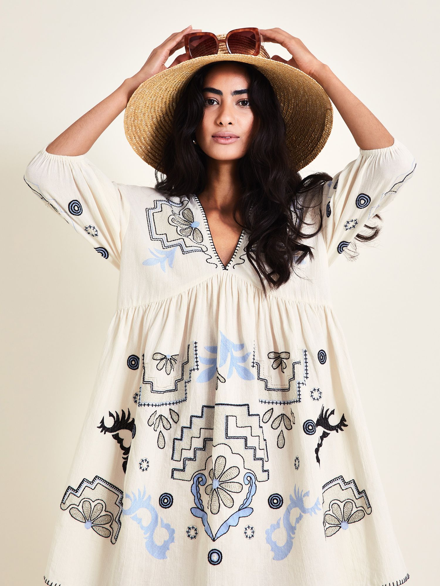 Monsoon Hallie Embroidered Cotton Mini Dress, Ivory/Multi, S