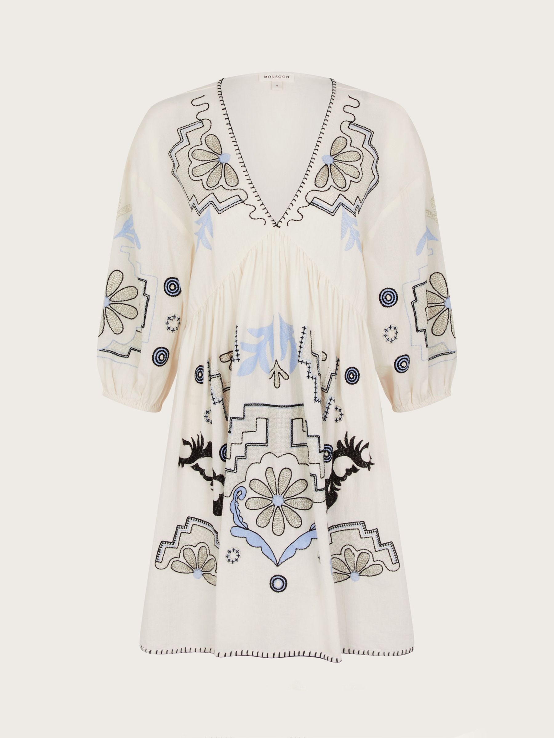 Monsoon Hallie Embroidered Cotton Mini Dress, Ivory/Multi, S