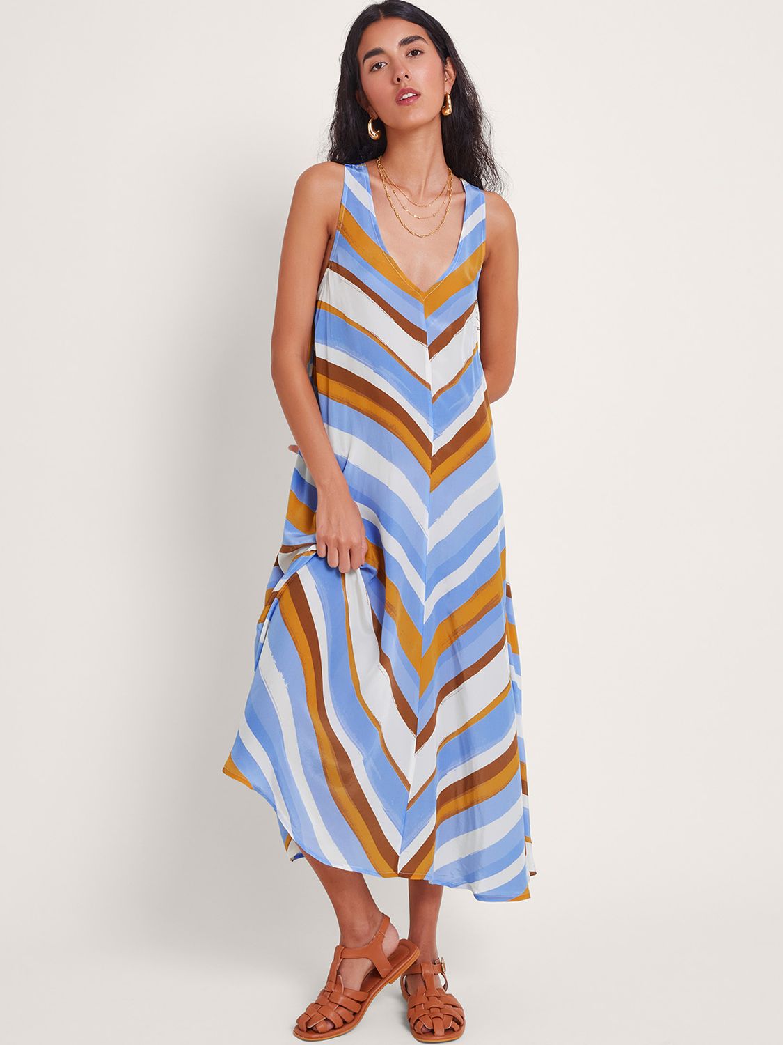 Monsoon Byrdie Stripe Midi Dress, Turquoise, S