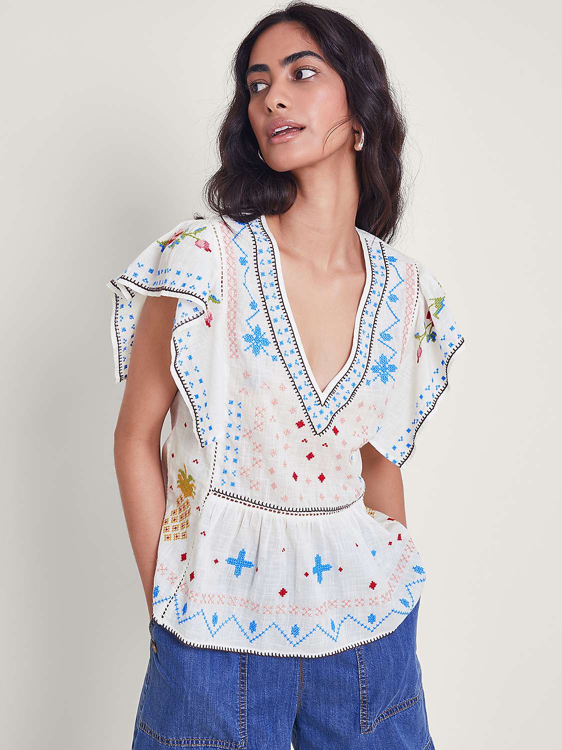 Buy Monsoon Prue Pineapple Embroidered Top, White Online at johnlewis.com