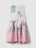 Reiss Kids' Marti Knotted Floral Print Scuba Dress, Pink/Multi