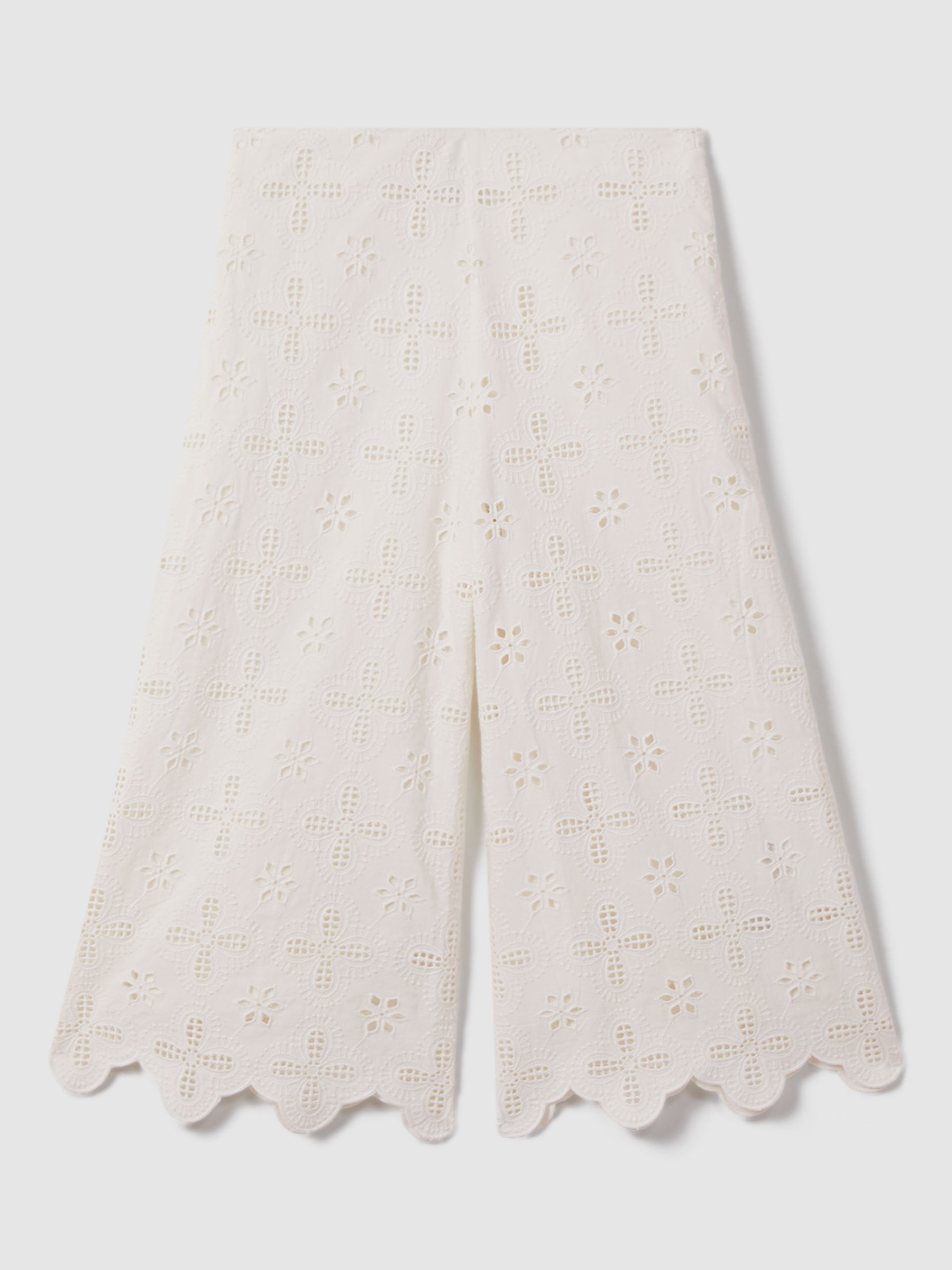 Reiss Kids' Nella Scallop Trim Wide Leg Broderie Anglaise Trousers, Ivory, 4-5 years