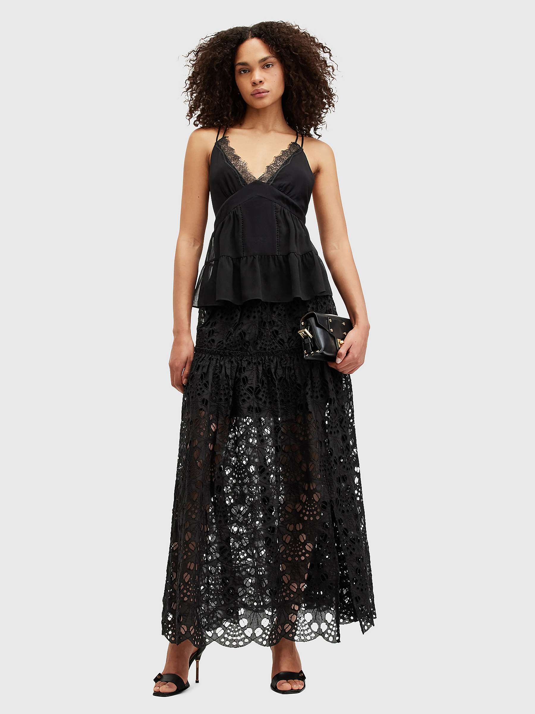 Buy AllSaints Rosie Broiderie Maxi Skirt, Black Online at johnlewis.com