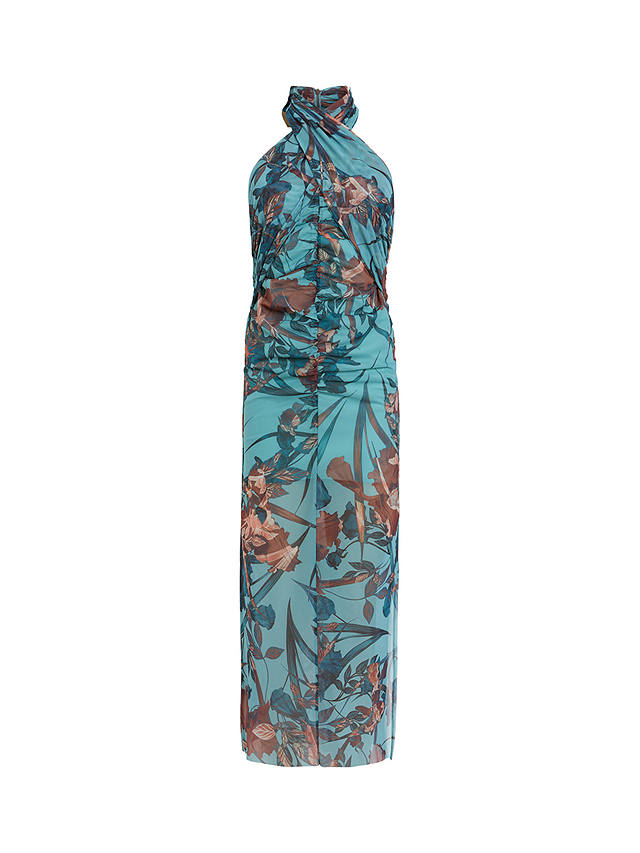 AllSaints Kaih Batu Halterneck Bodycon Midi Dress, Lagoon Blue