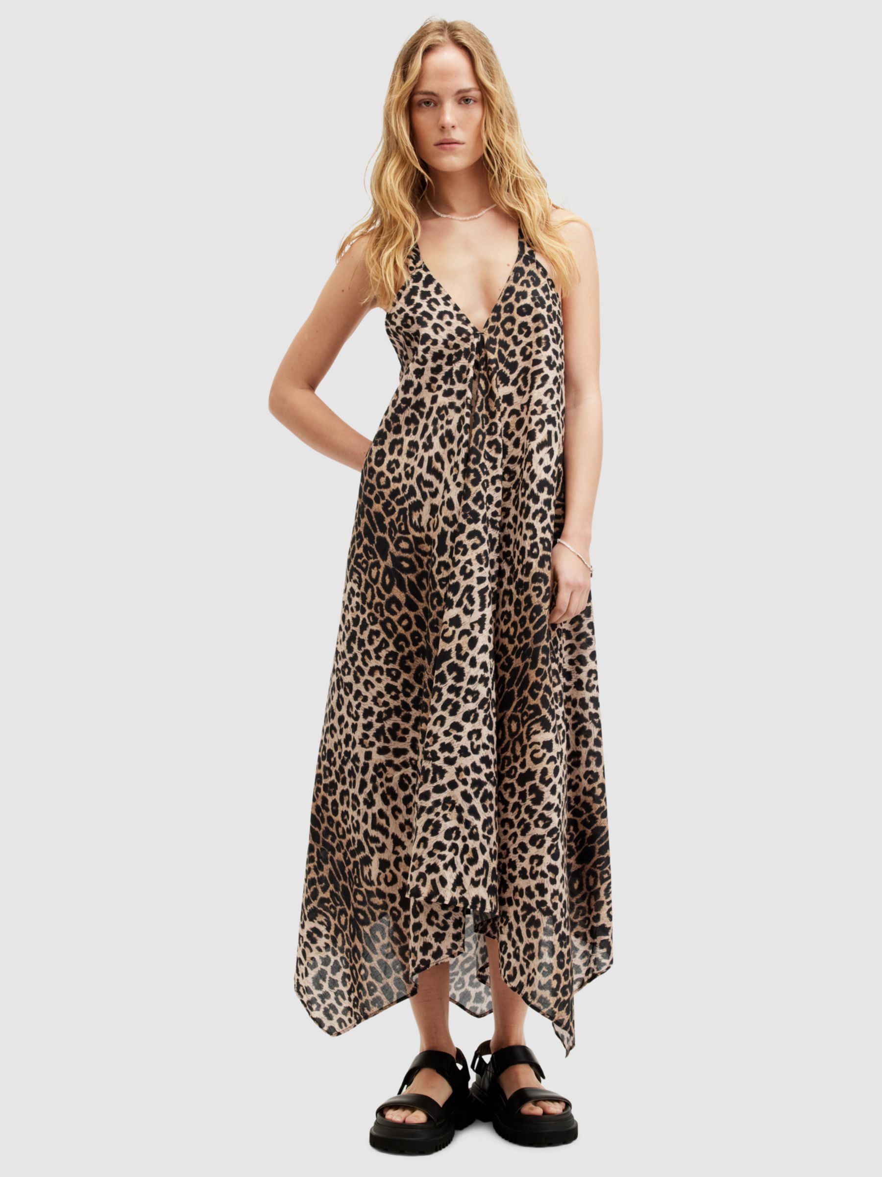 AllSaints Lil Leopard Print Midi Dress, Leopard Brown, 10