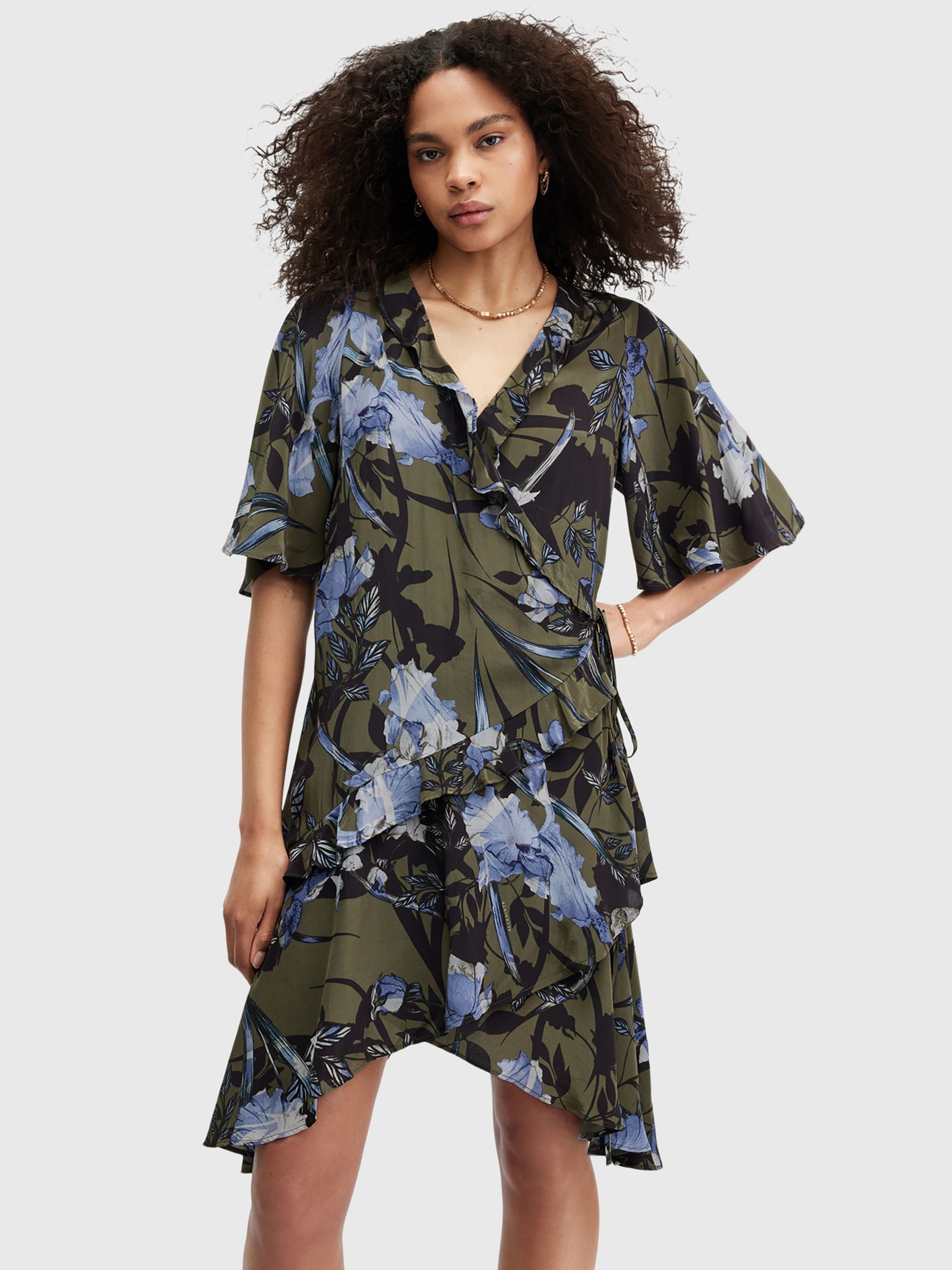 AllSaints Meagan Batu Floral Print Ruffle Wrap Dress, Khaki/Multi, 10