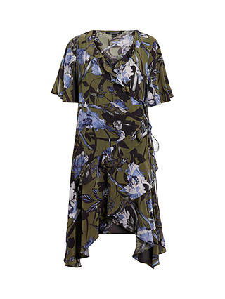 AllSaints Meagan Batu Floral Print Ruffle Wrap Dress, Khaki/Multi