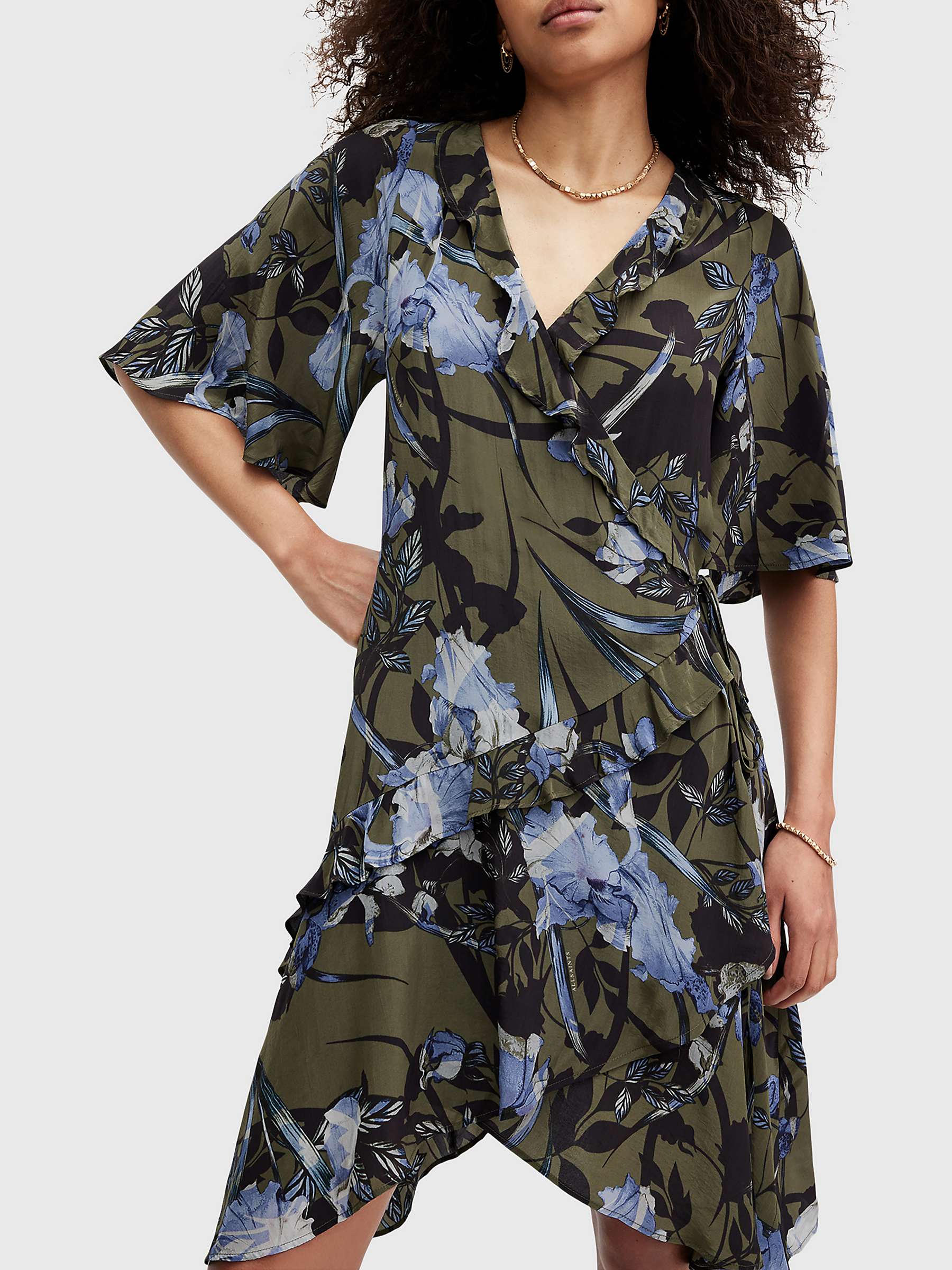 Buy AllSaints Meagan Batu Floral Print Ruffle Wrap Dress, Khaki/Multi Online at johnlewis.com