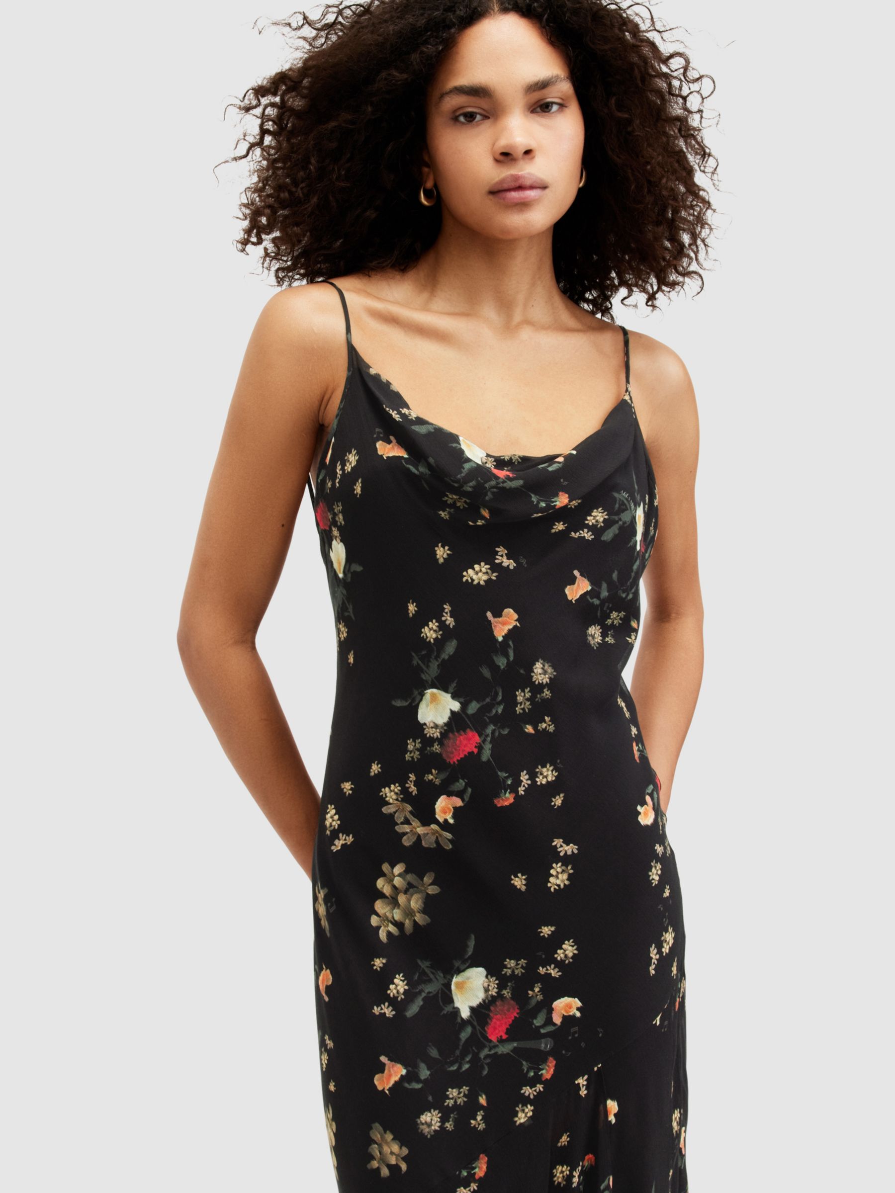 AllSaints Charlotte Kora Floral Print Midi Slip Dress, Black, 10