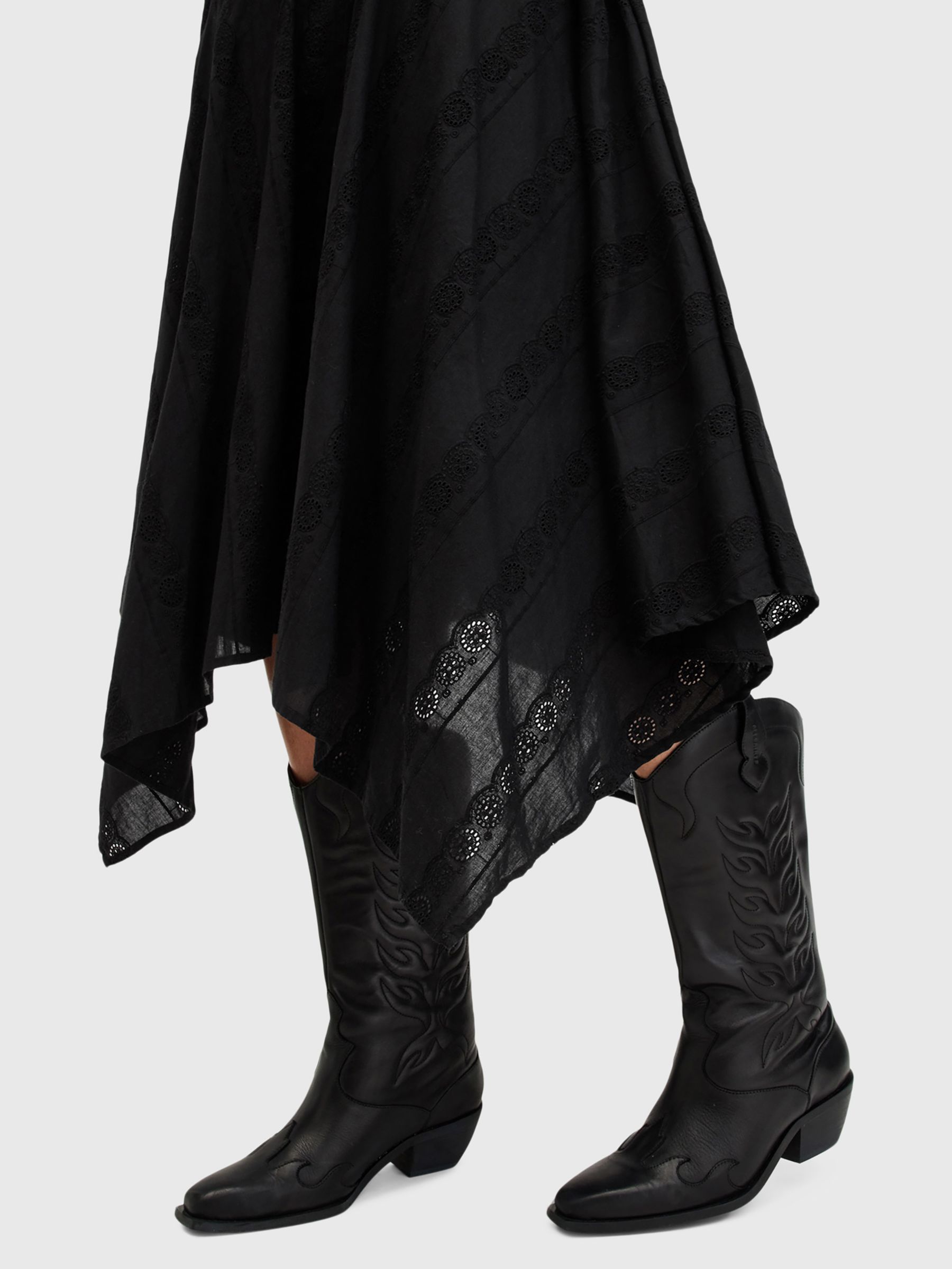 AllSaints Avania Cotton Broderie Midi Dress, Black, 10