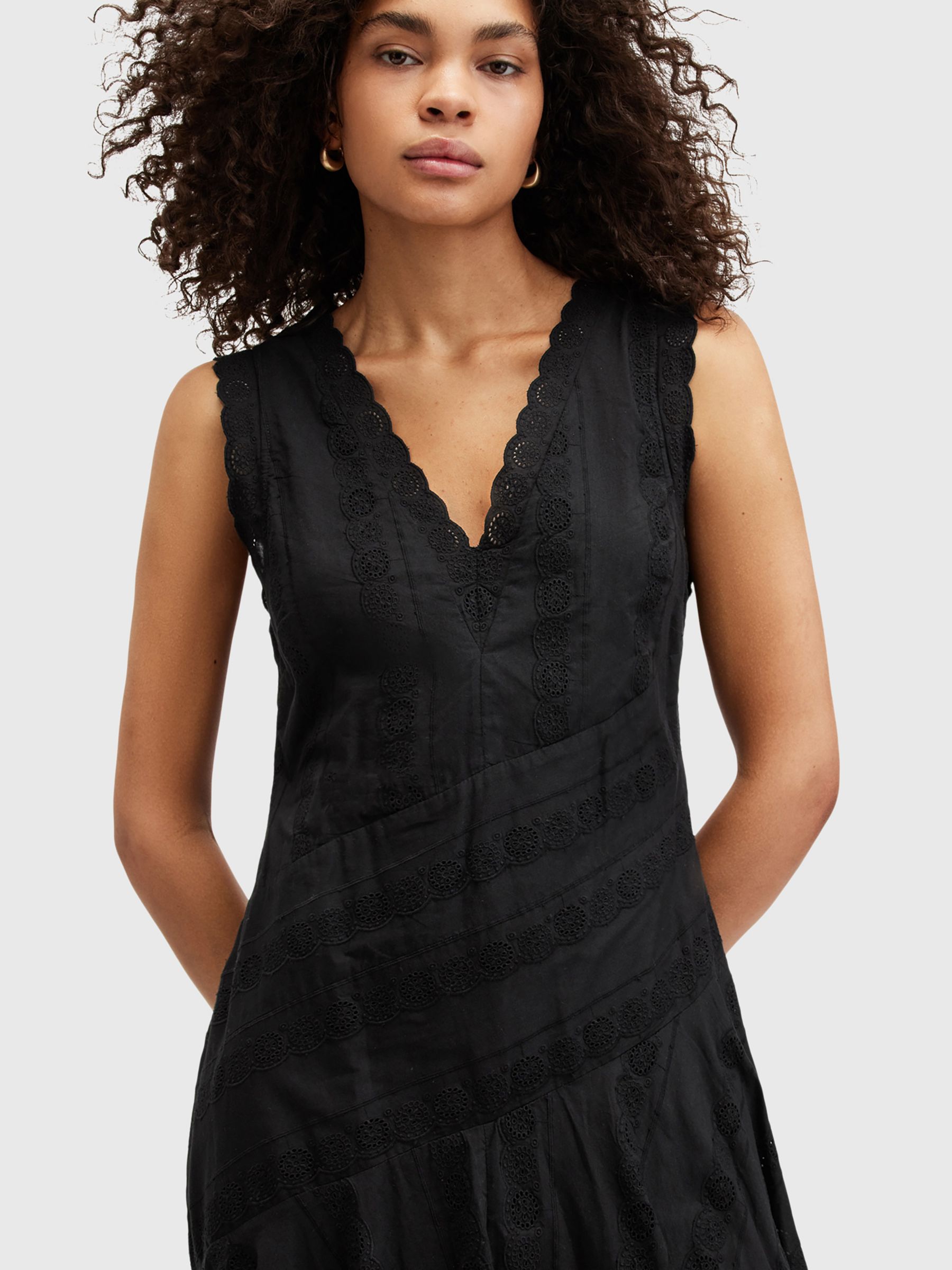 AllSaints Avania Cotton Broderie Midi Dress, Black, 10