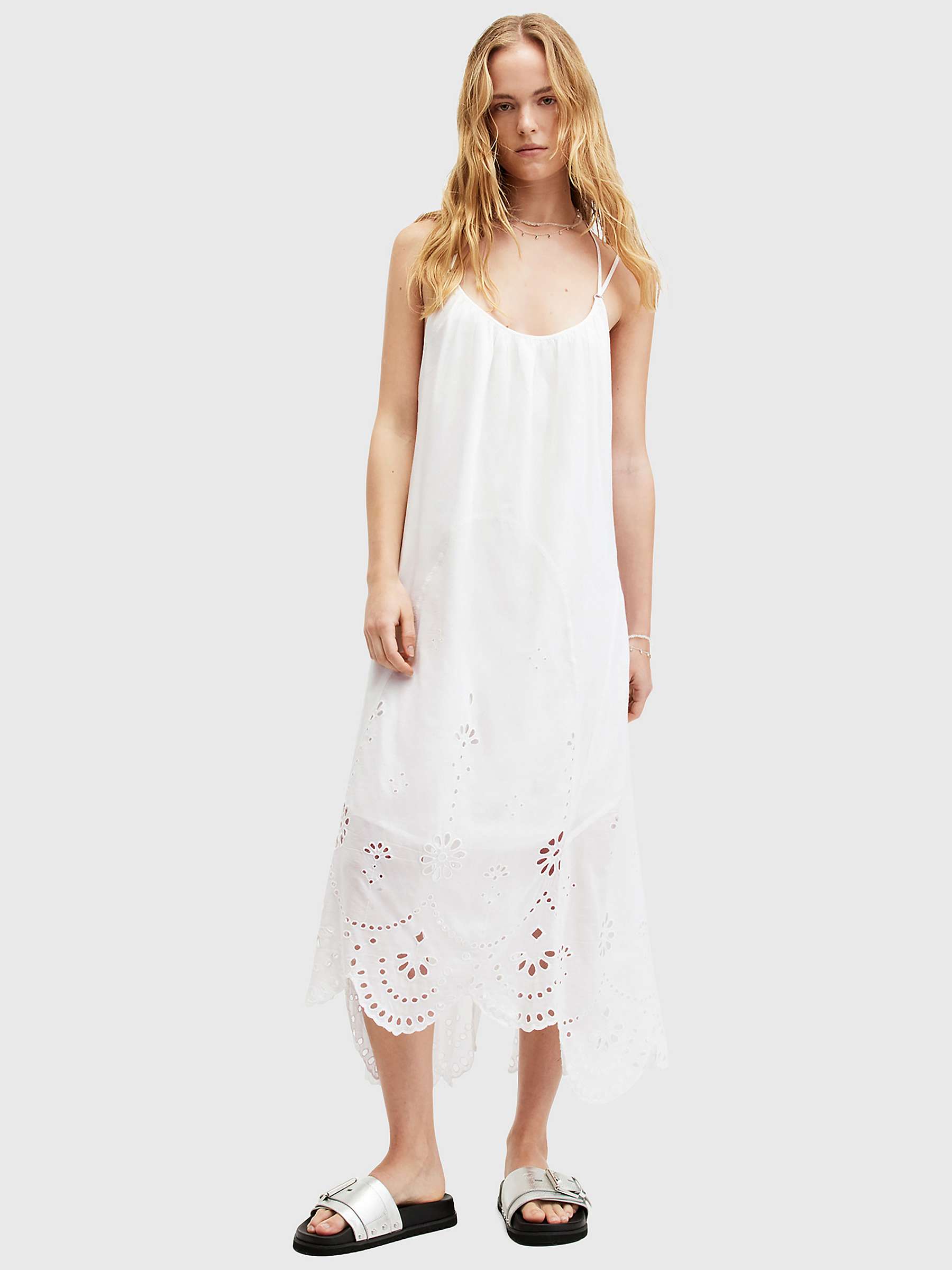Buy AllSaints Areena Embroidered Midi Dress, Optic White Online at johnlewis.com