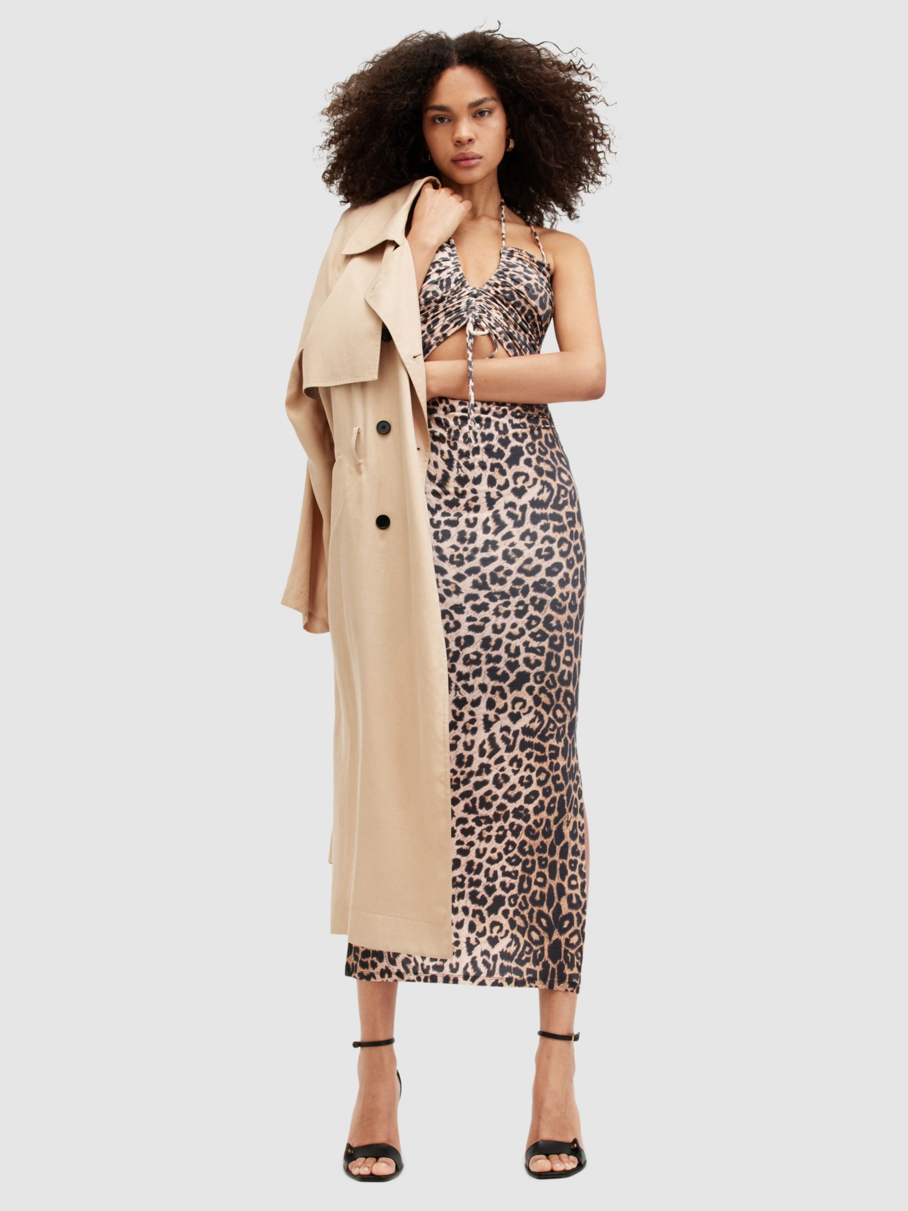 AllSaints Amaya Leopard Print Midi Dress, Leopard Brown, 10