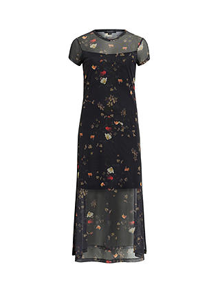 AllSaints Hanna Kora Floral Print Midi Dress, Black/Multi