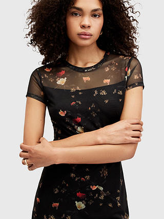 AllSaints Hanna Kora Floral Print Midi Dress, Black/Multi