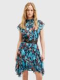 AllSaints Fleur Batu High Neck Mini Dress, Lagoon Blue