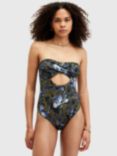 AllSaints Tatum Floral Print Bandeau Cut-Out Swimsuit, Batu Khaki Green