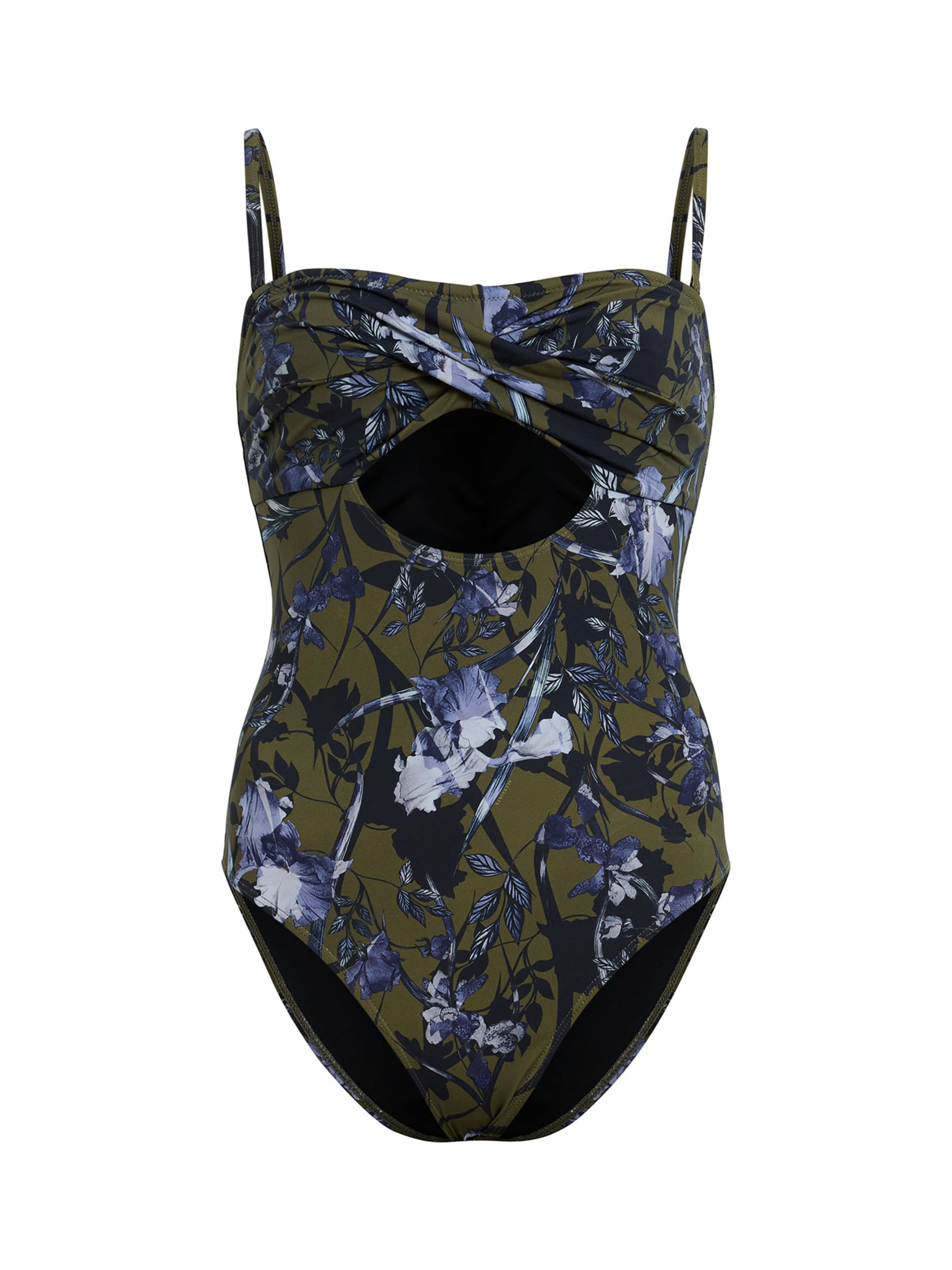AllSaints Tatum Floral Print Bandeau Cut-Out Swimsuit, Batu Khaki Green, L