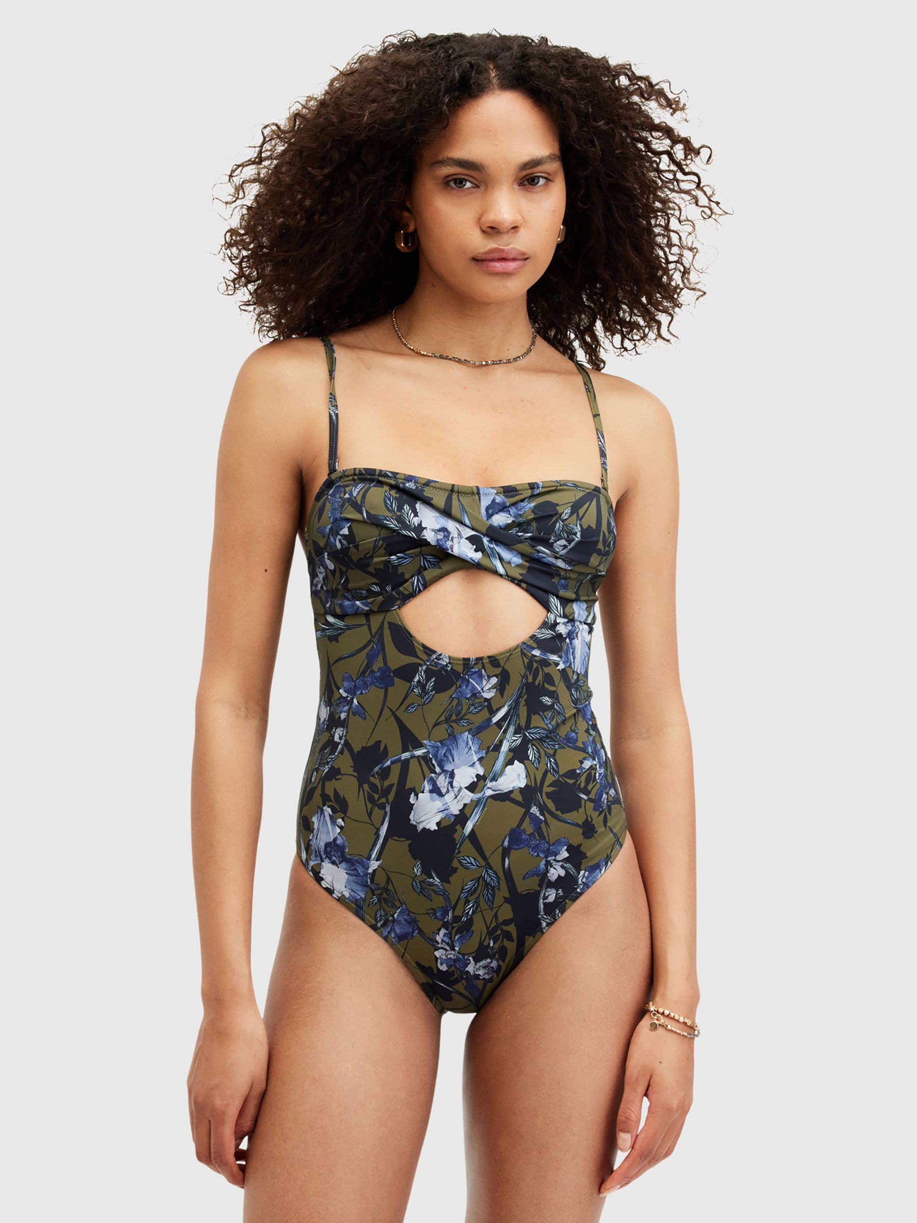 AllSaints Tatum Floral Print Bandeau Cut-Out Swimsuit, Batu Khaki Green, L