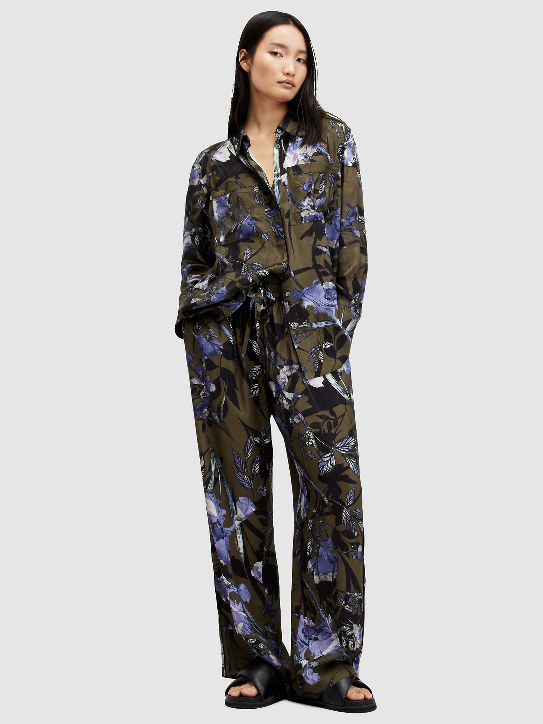 Buy AllSaints Tyler Bato Floral print Wide Leg Trousers, Deep Khaki/Multi Online at johnlewis.com