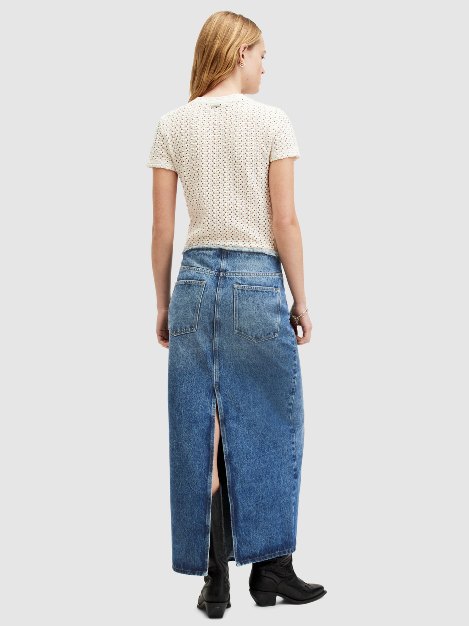 Buy AllSaints Cyra Cotton Maxi Denim Skirt, Mid Indigo Online at johnlewis.com