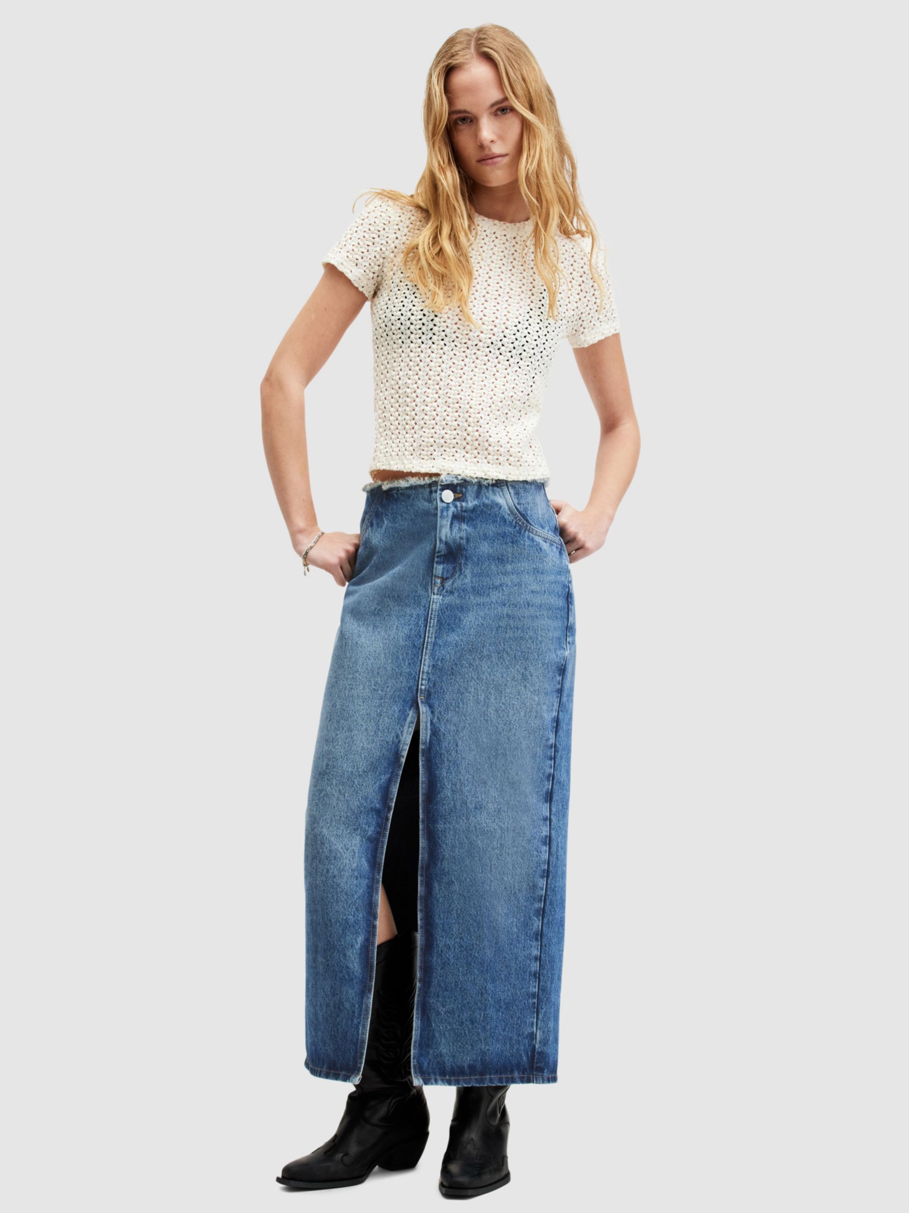 Buy AllSaints Cyra Cotton Maxi Denim Skirt, Mid Indigo Online at johnlewis.com