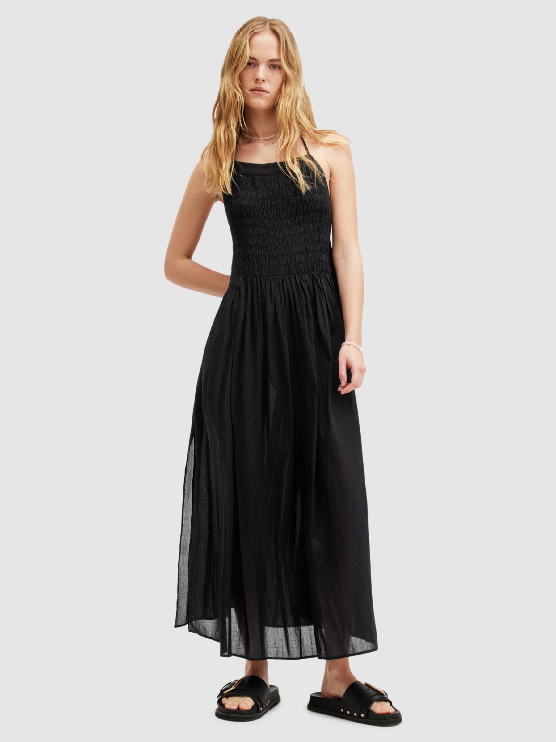 AllSaints Iris Shirred Cotton Halterneck Sun Dress, Black, 10
