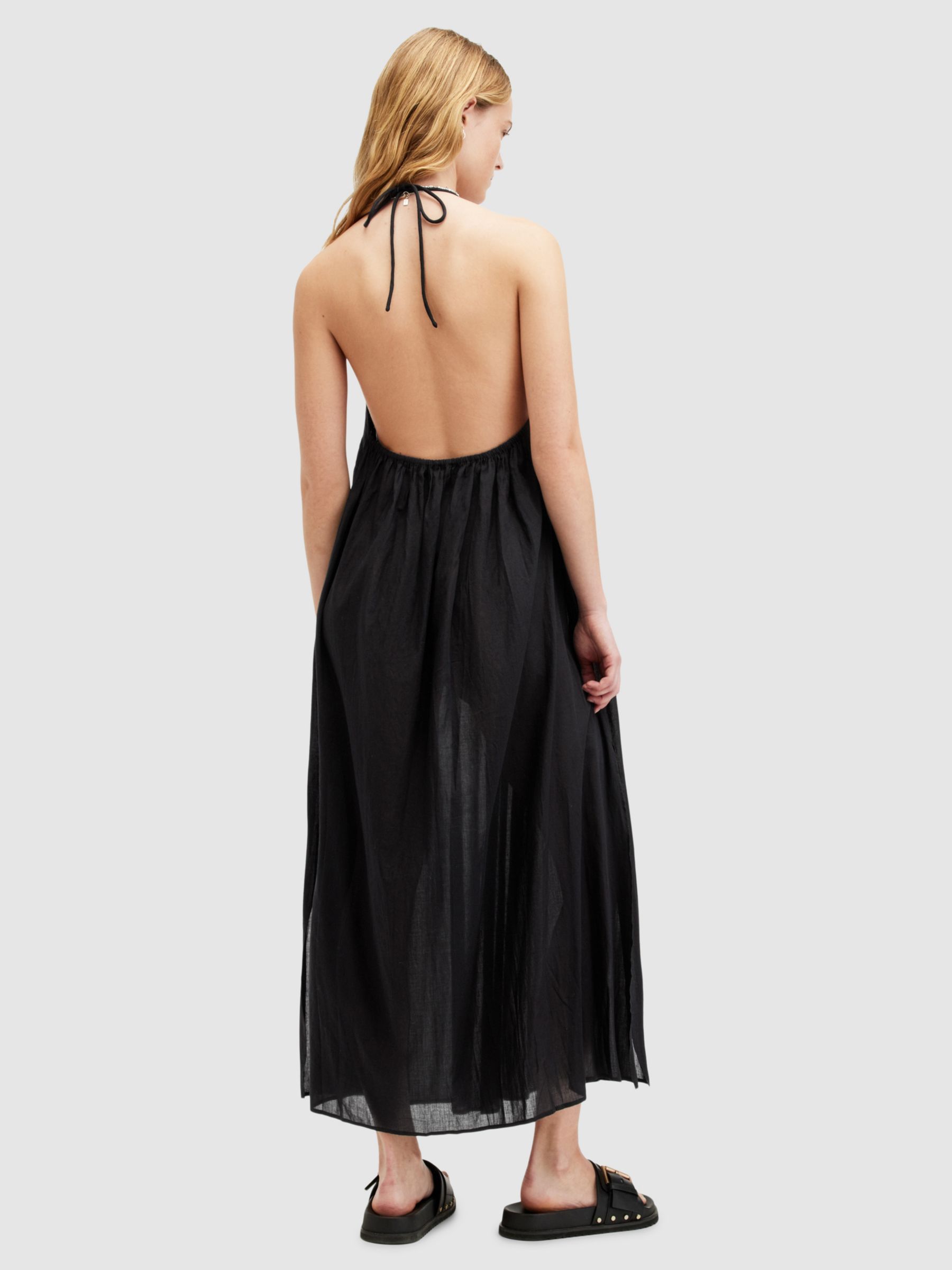 AllSaints Iris Shirred Cotton Halterneck Sun Dress, Black, 10