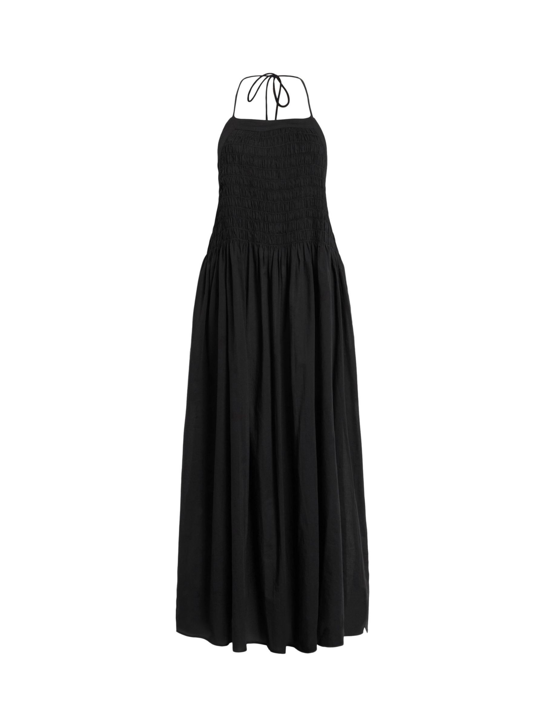 AllSaints Iris Shirred Cotton Halterneck Sun Dress, Black, 10