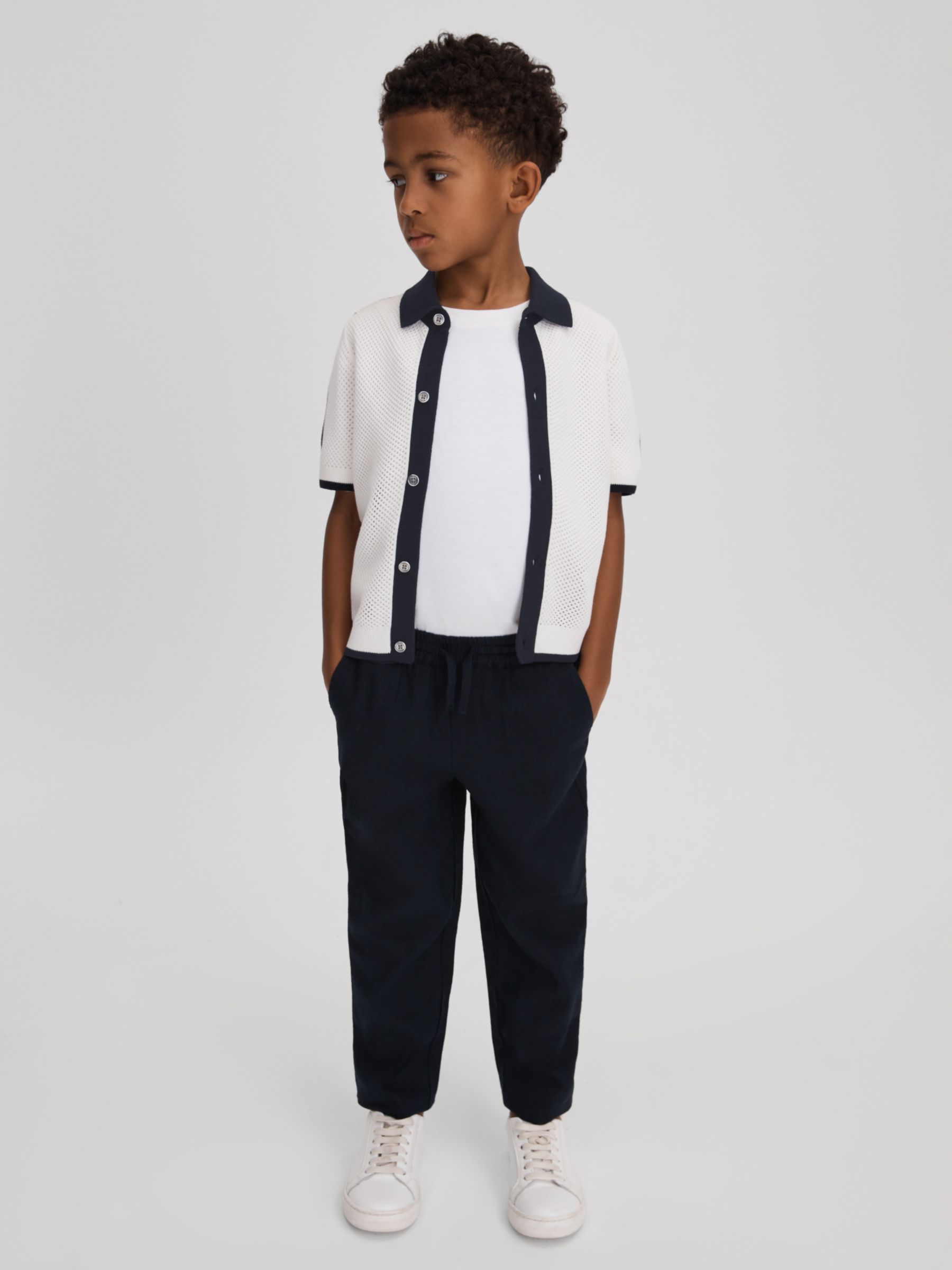 Reiss Kids' Misto Open Stitch Shirt, Navy/Optic White, 3-4 years