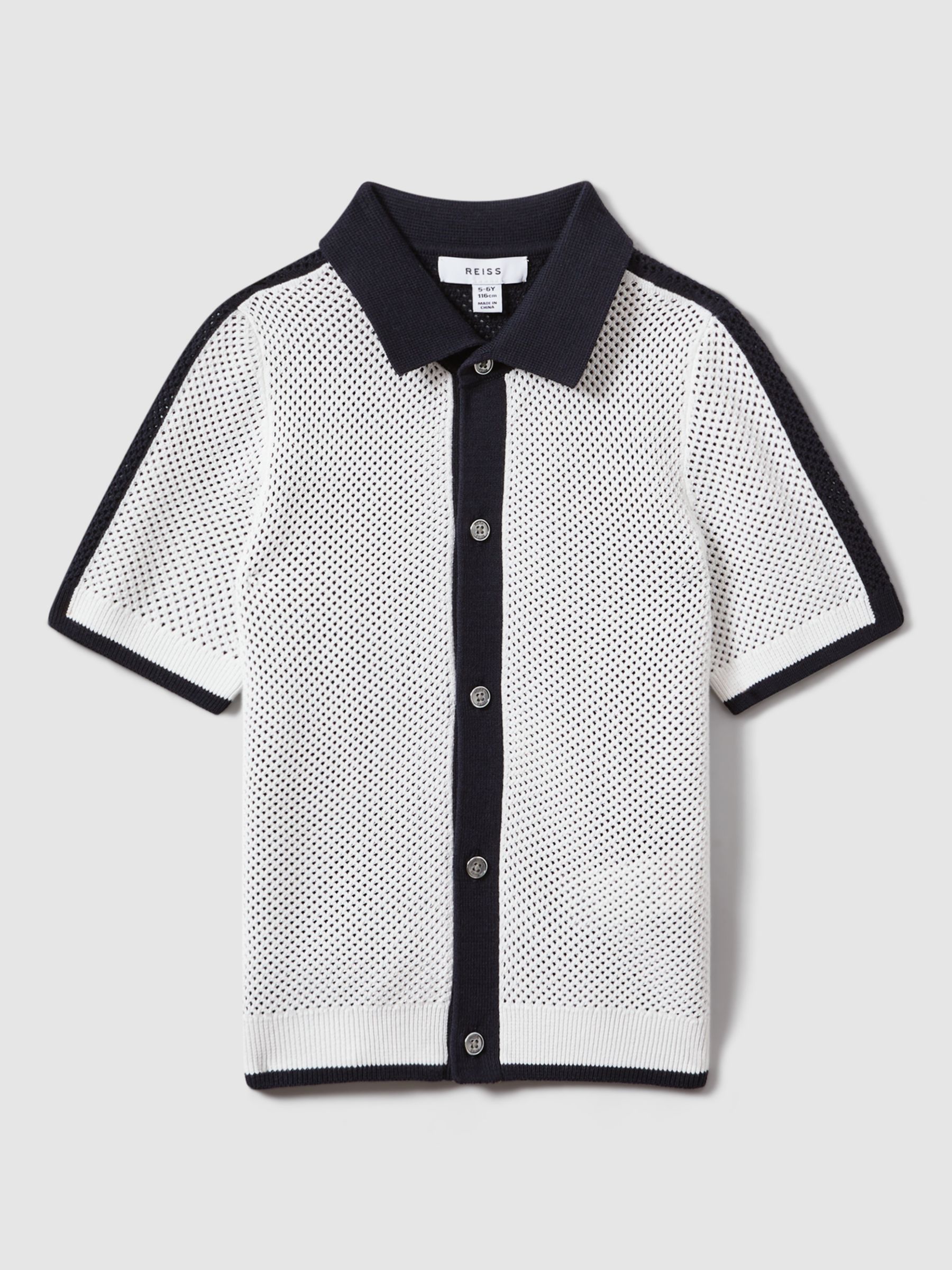 Reiss Kids' Misto Open Stitch Shirt, Navy/Optic White, 3-4 years