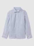 Reiss Kids' Ruban Linen Stripe Shirt, Soft Blue Herringbone