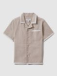 Reiss Kids' Vitan Linen Cuban Short Sleeve Shirt, Stone/White