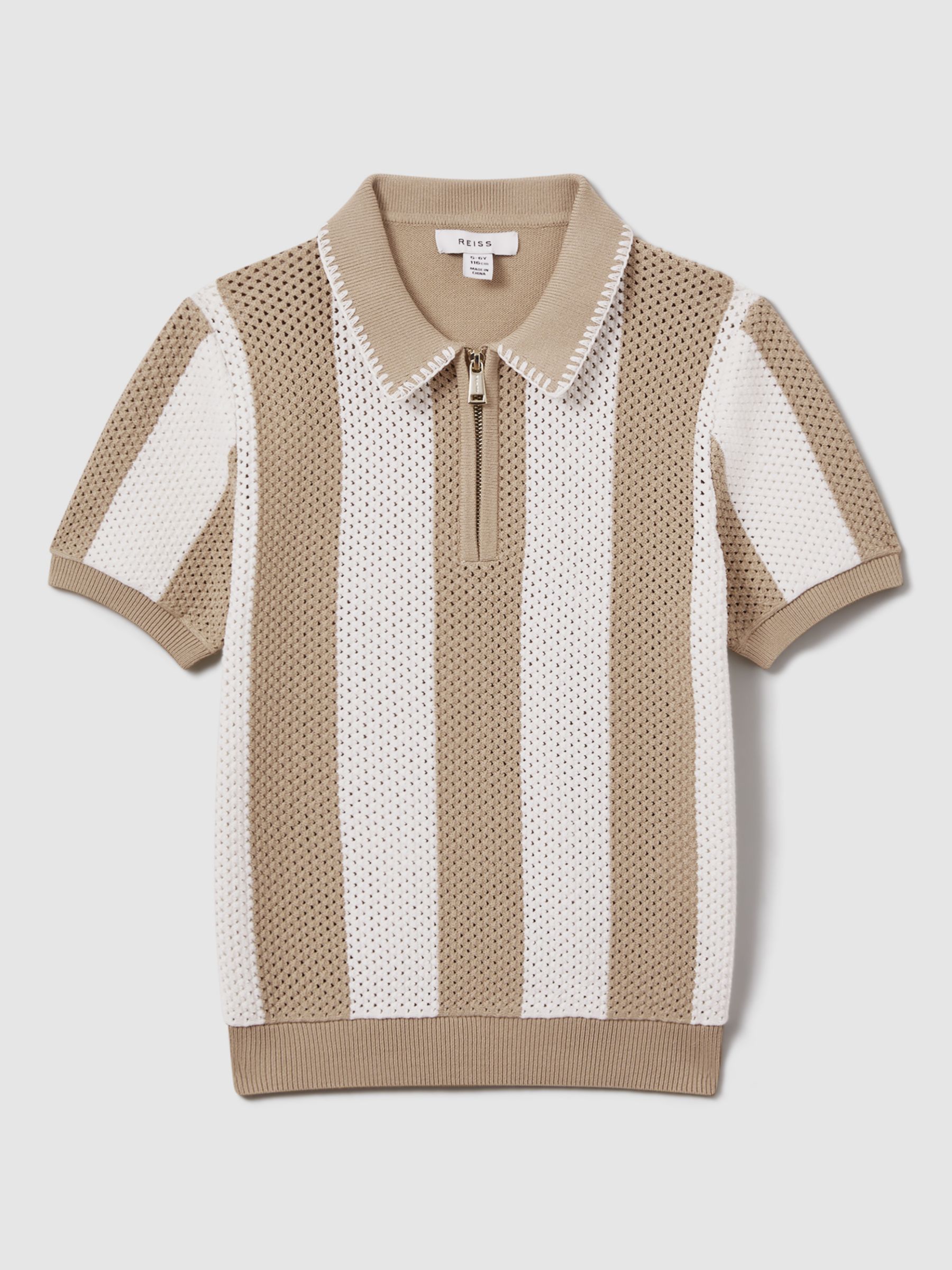 Reiss Kids' Paros Stripe Half Zip Short Sleeve Top, Taupe/Optic White, 3-4 years