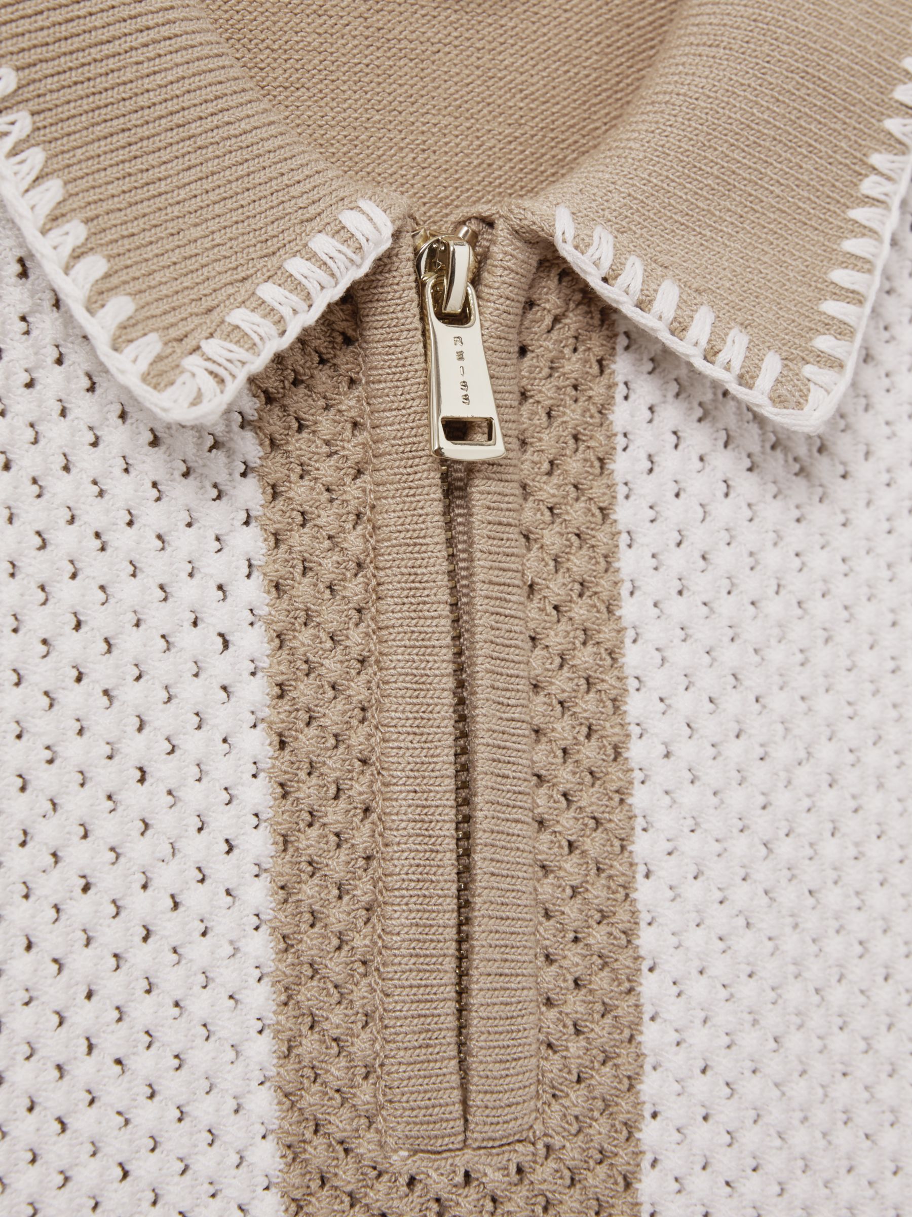 Reiss Kids' Paros Stripe Half Zip Short Sleeve Top, Taupe/Optic White, 3-4 years