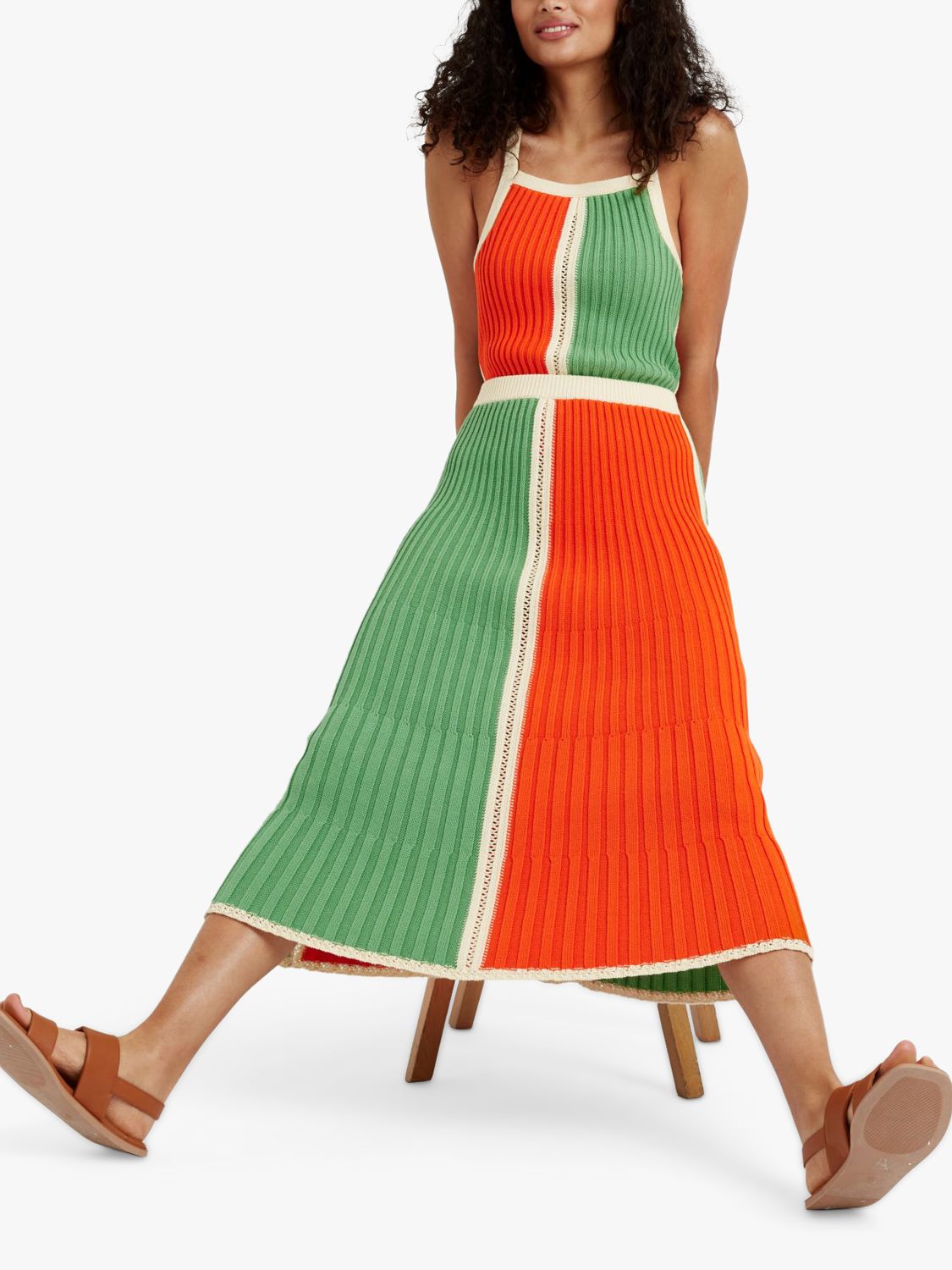 Chinti & Parker Cotton Riveria Colourblock Midi Skirt, Cream/Green/Orange, XS