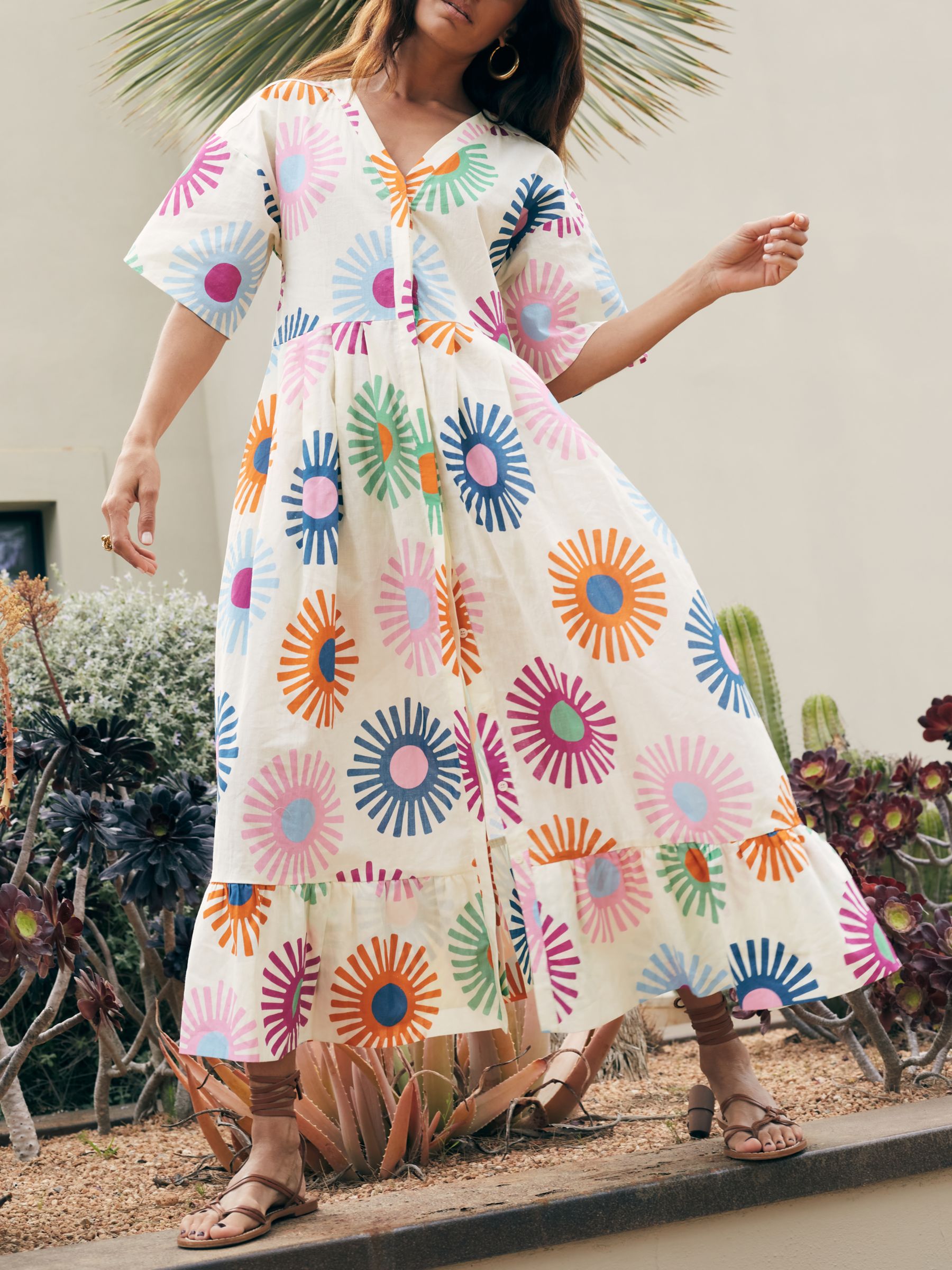 Chinti & Parker Soleil Linen Blend Midi Dress, Cream/Multi, 6