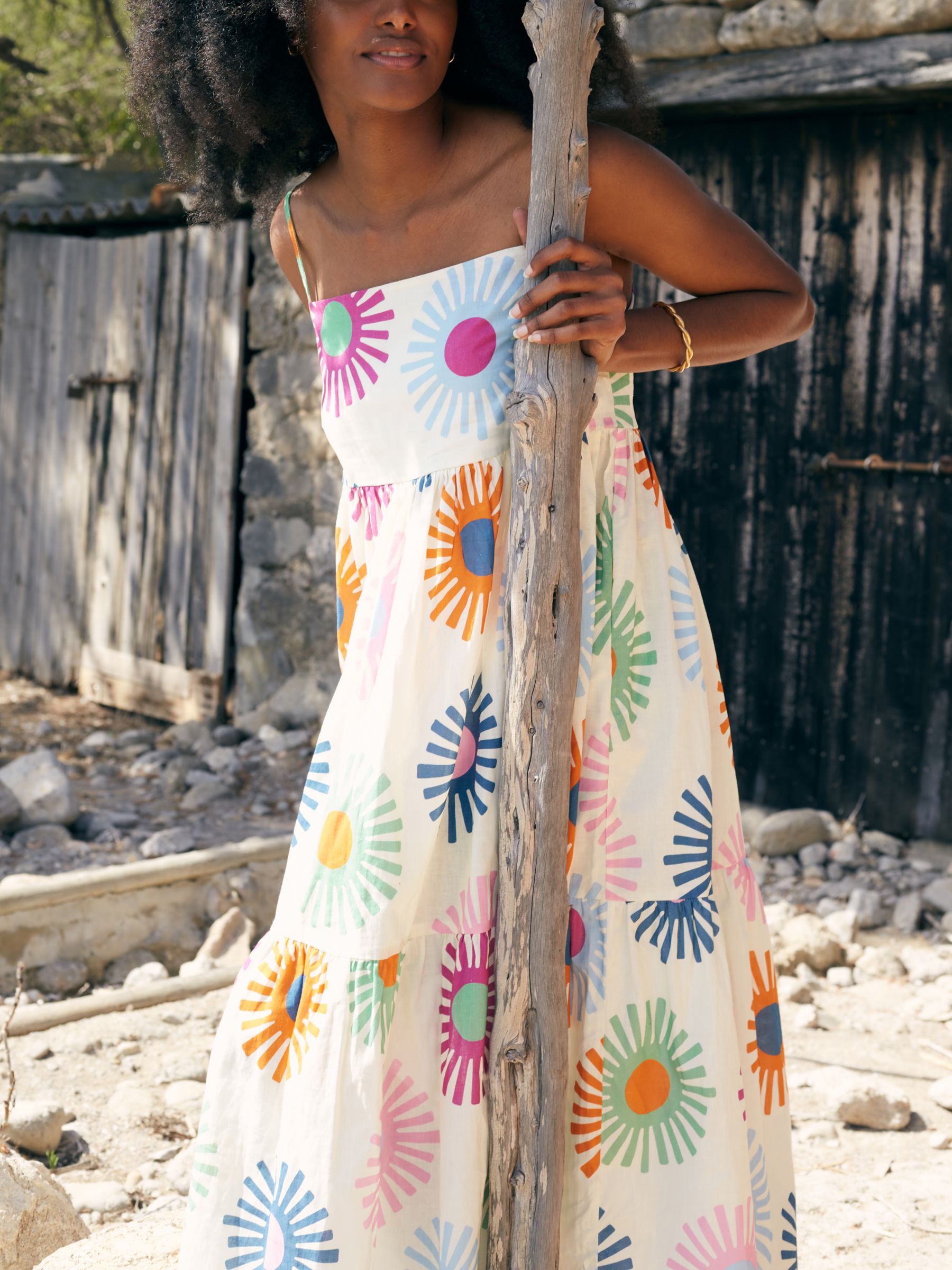 Chinti & Parker Soleil Linen Blend Midi Sun Dress, Cream/Multi, 6