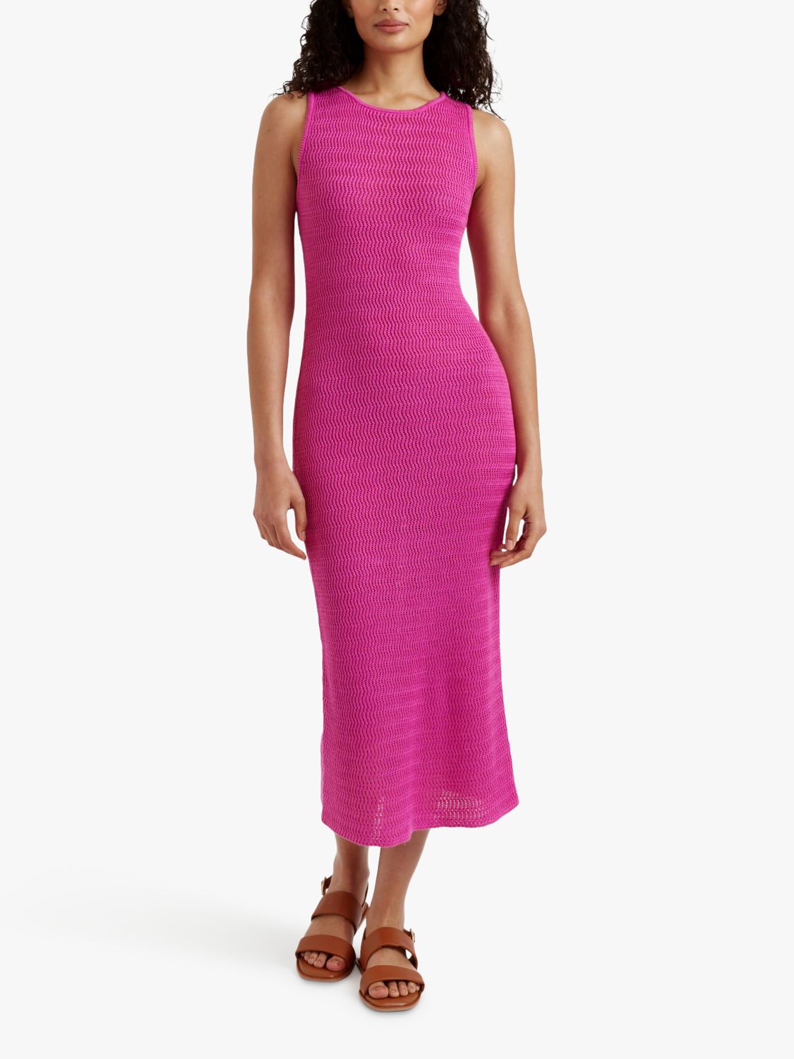 Chinti & Parker Ibiza Crotchet Linen Blend Midi Dress, Berry Pink, XS