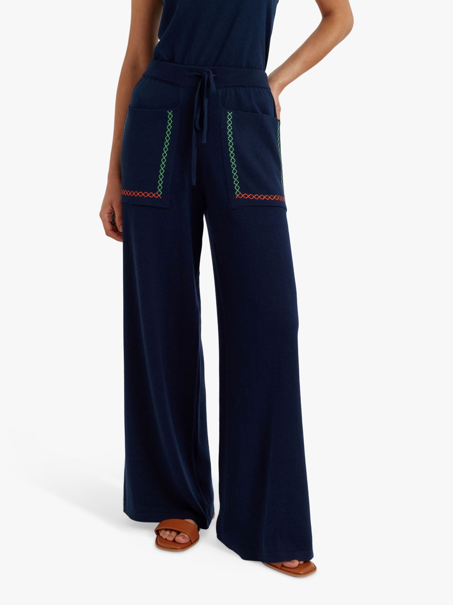 Chinti & Parker Santorini Cotton Cashmere Blend Trousers, Navy/Green/Orange, XS