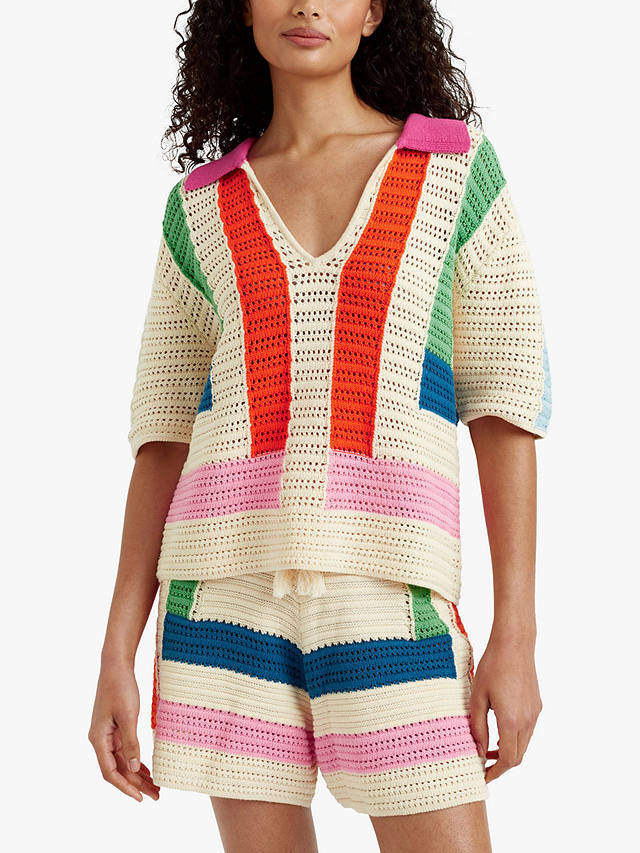 Chinti & Parker Crochet Stitch Stripe Shirt Jumper, Cream/Multi