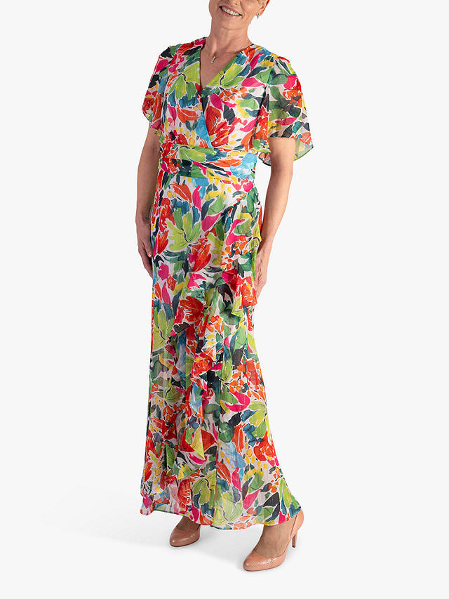 chesca Tropical Print Faux Wrap Chiffon Maxi Dress, Multi