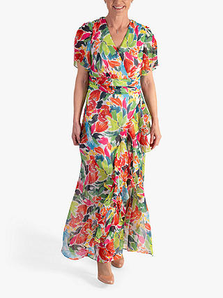 chesca Tropical Print Faux Wrap Chiffon Maxi Dress, Multi