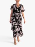 chesca Wild Rose Print Tiered Chiffon Maxi Dress, Black/Pink