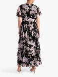 chesca Wild Rose Print Tiered Chiffon Maxi Dress, Black/Pink