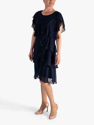 chesca Multi Layered Bead Trim Knee Length Dress, Navy